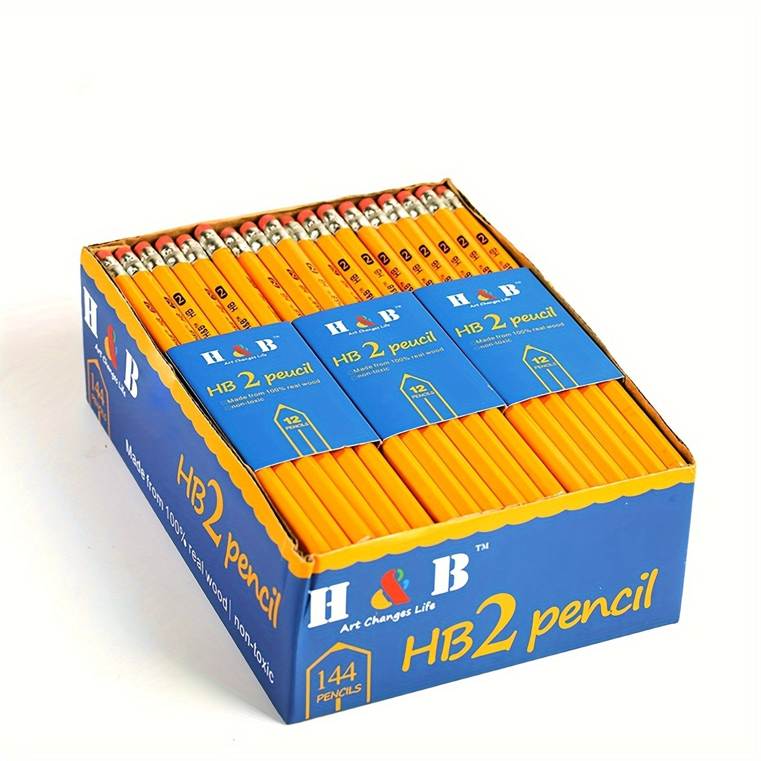 HB Hexagon Wooden Pencils With Red Color Eraser, 12pcs/24pcs Pencils With Eraser Head, HB Pencils For Writing, Drawing And Sketching, Yellow Wooden Pencils For Office